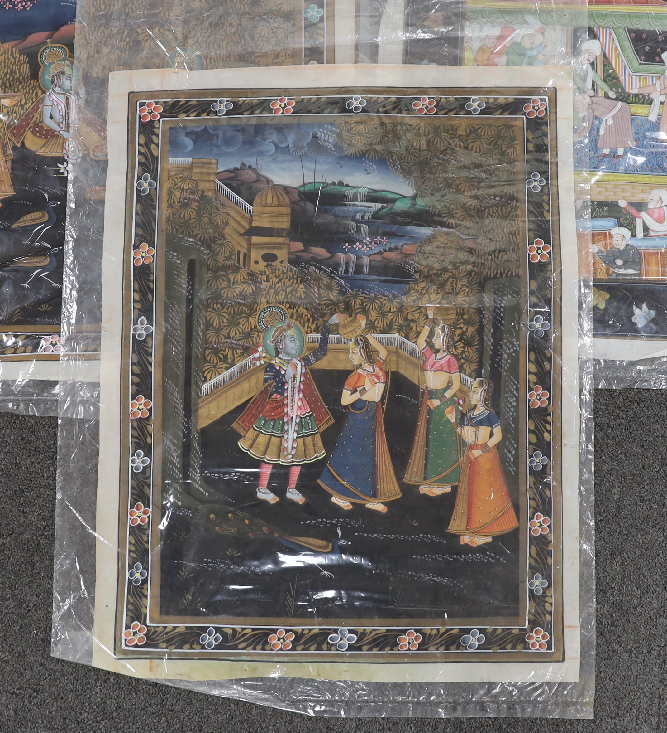 Indian Mughal style, set of three watercolours, emperor and attendants and figures dancing, unframed, 52 x 39cm